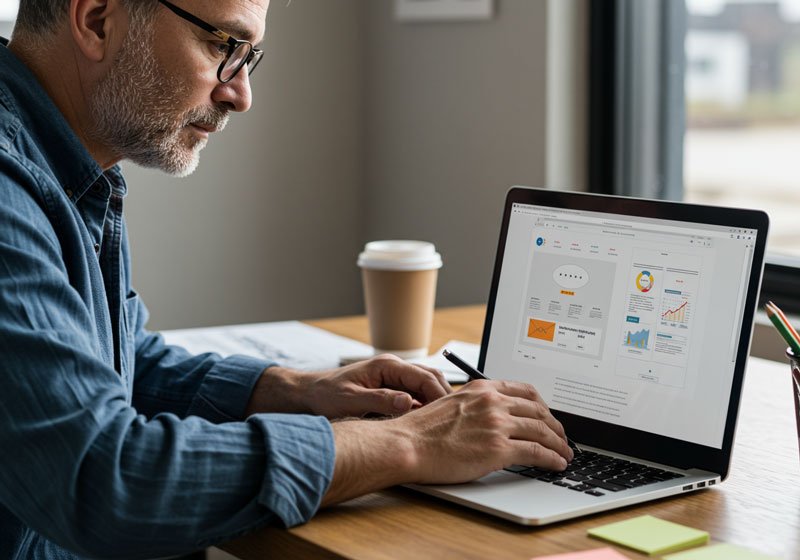 A focused, middle-aged small business owner meticulously planning a website. The main focus is on the laptop screen, which displays a clean, intuitive website design in progress, emphasizing the strategic and thoughtful approach to online business development.